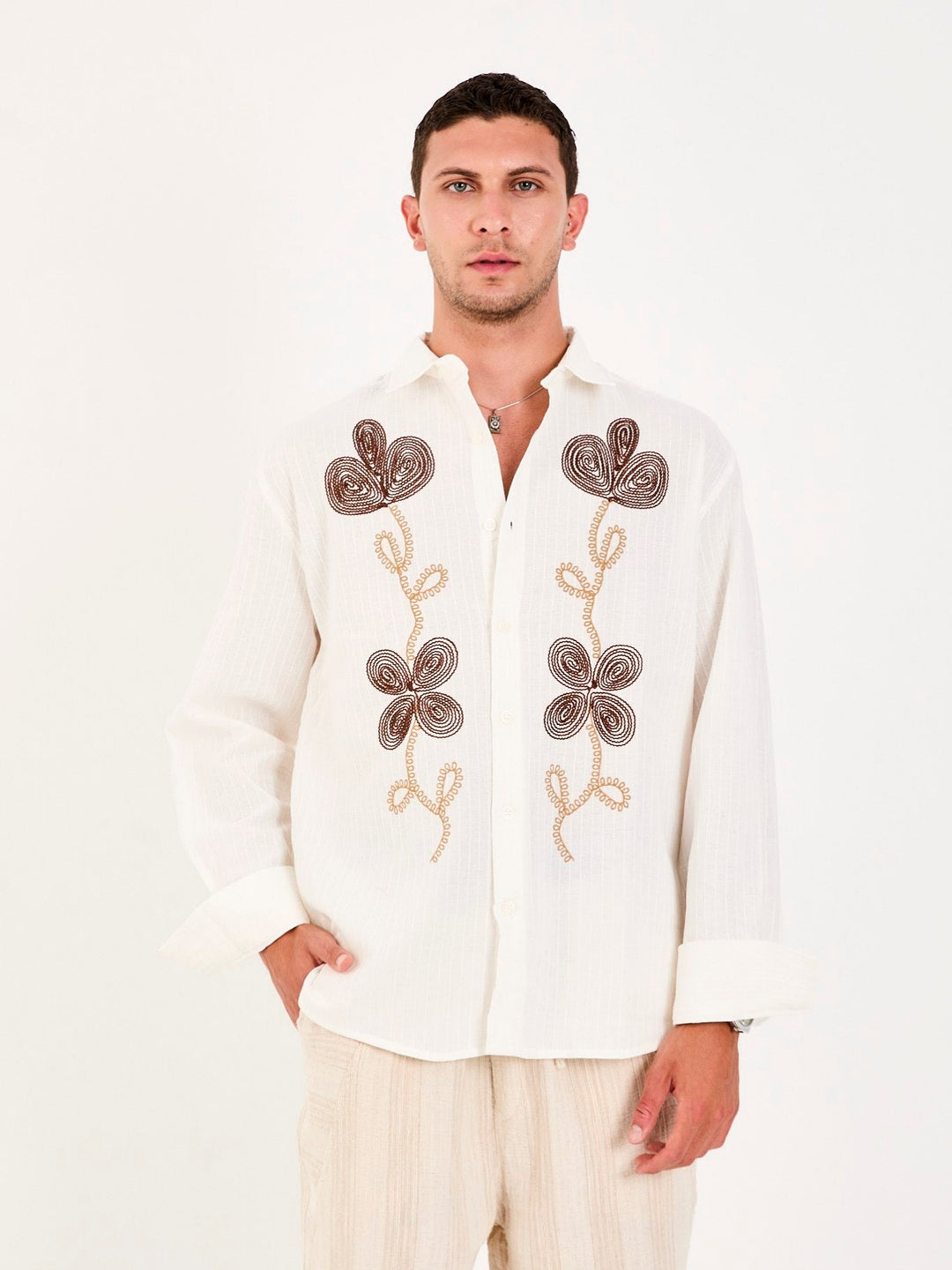 Rocquerx Embroidery Detail Long Sleeve Shirt in White