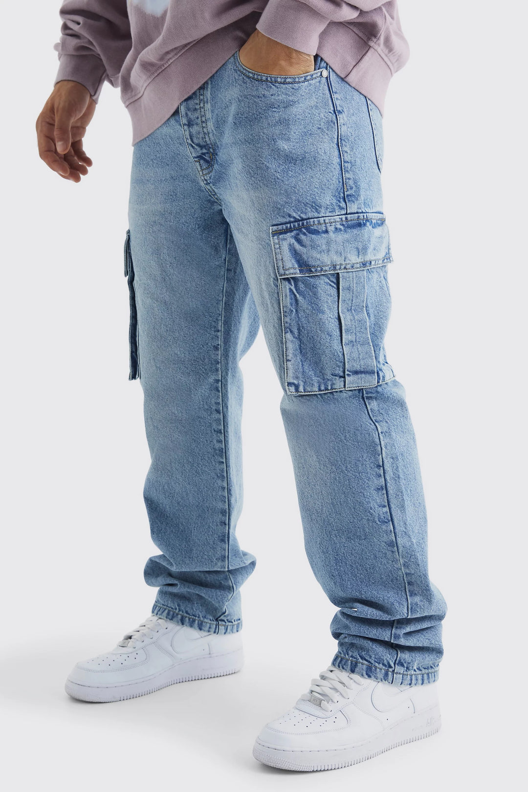 Boohooman Relaxed Rigid Cargo Jean in Light Blue