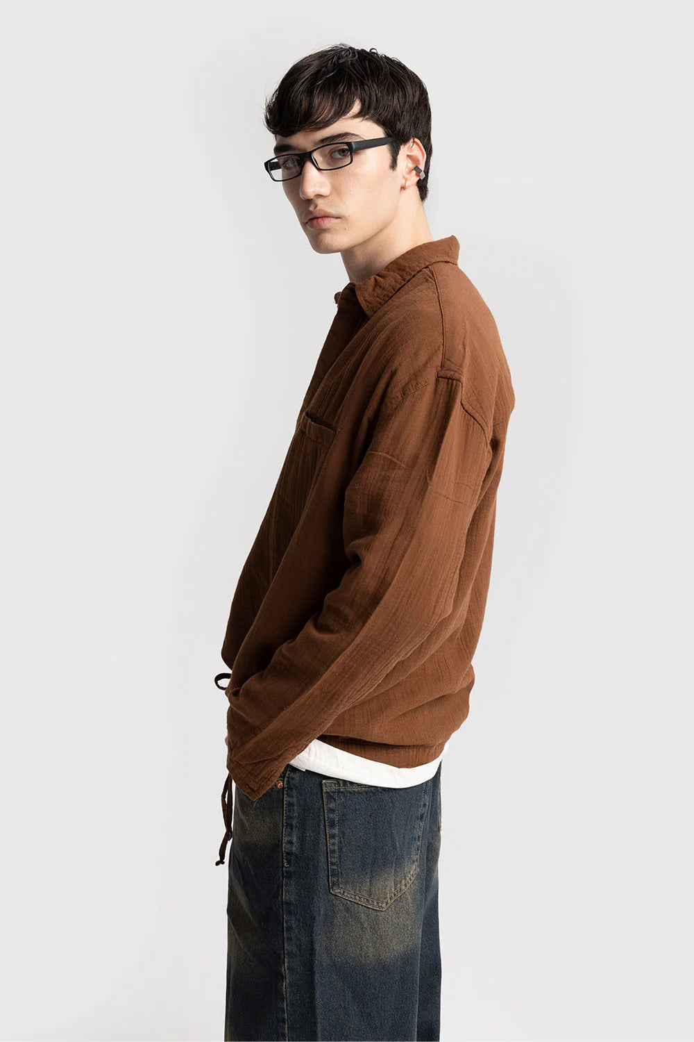 GIESTO linen long sleeve spring polo shirt in brown
