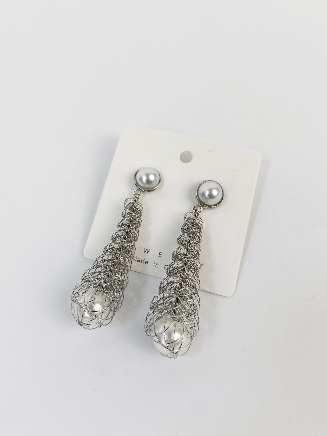 Silver wire pearl drop earring