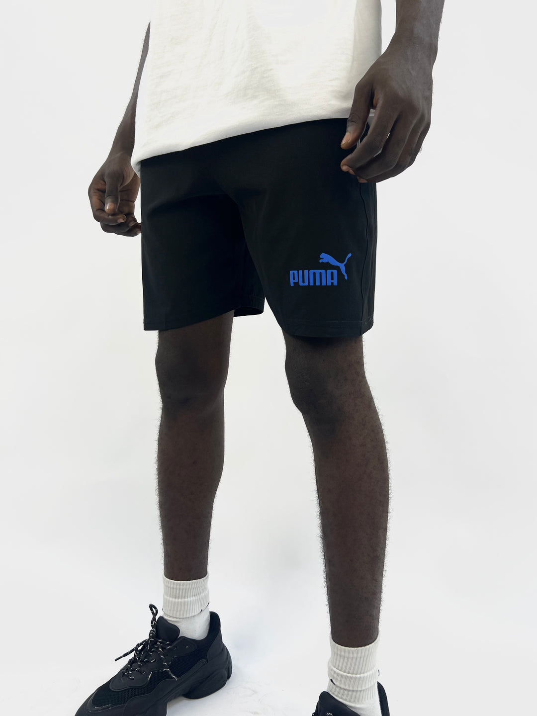 Puma Blue Logo print sport shorts in Black