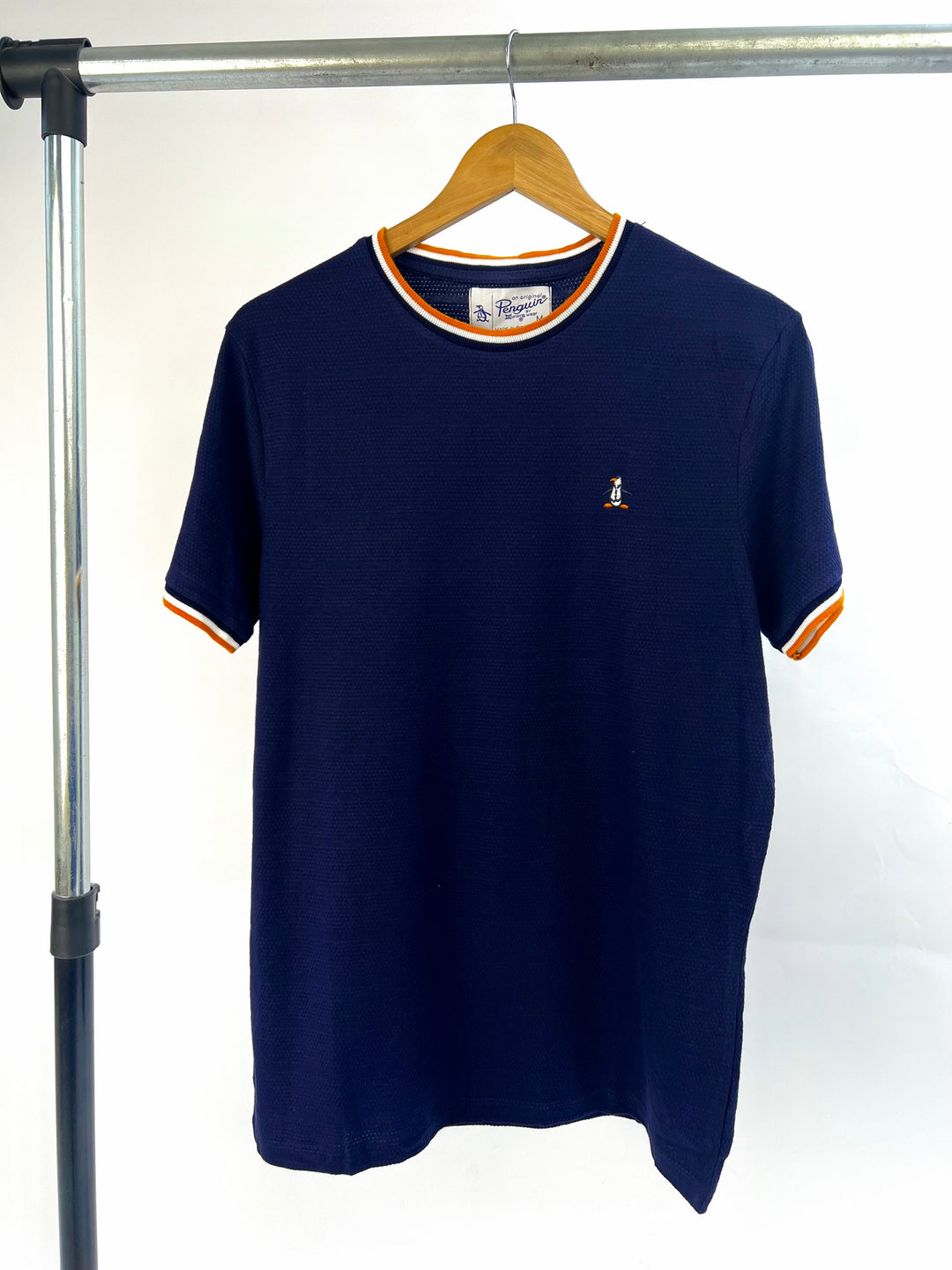 Penguin embroidered logo t-shirt in blue with orange toppings