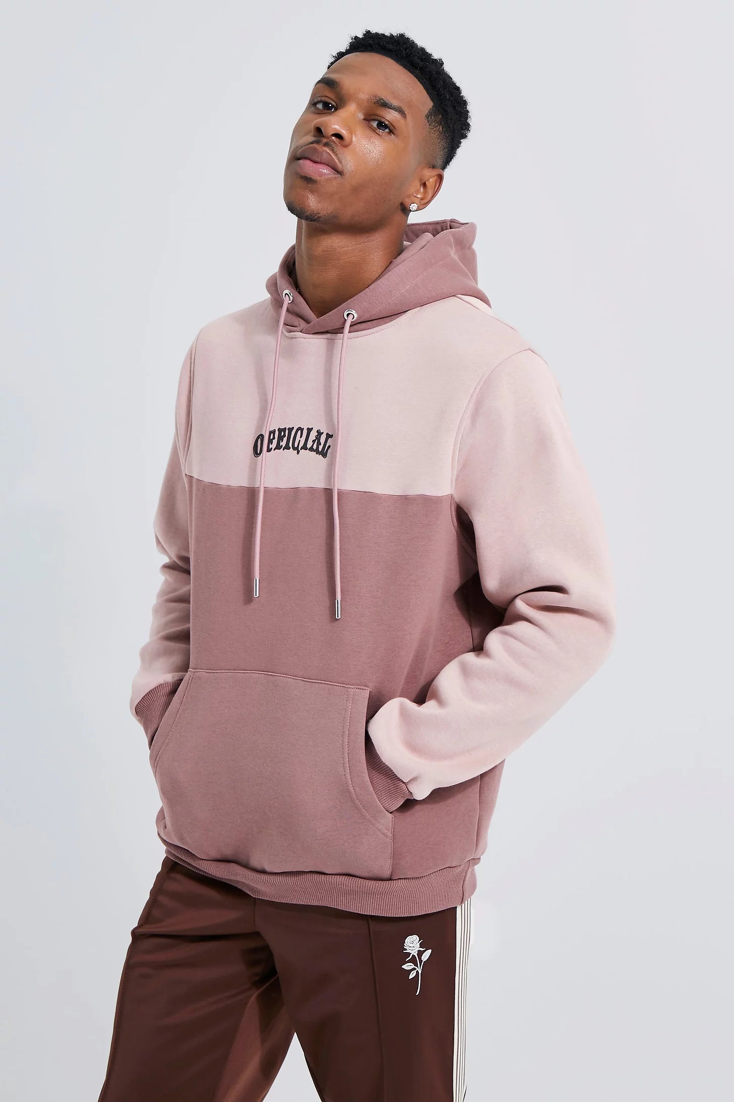 BOOHOOMAN MAN ROMAN TAPE COLOUR BLOCK HOODIE IN MAUVE Garmisland