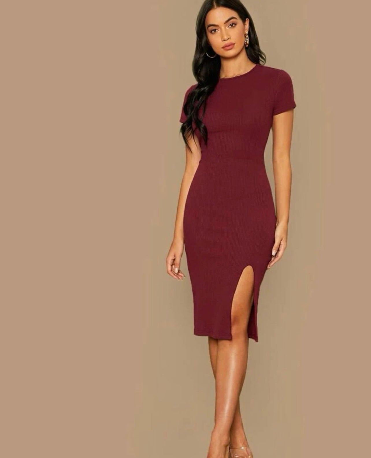Fur slit bodycon dress. main image 1