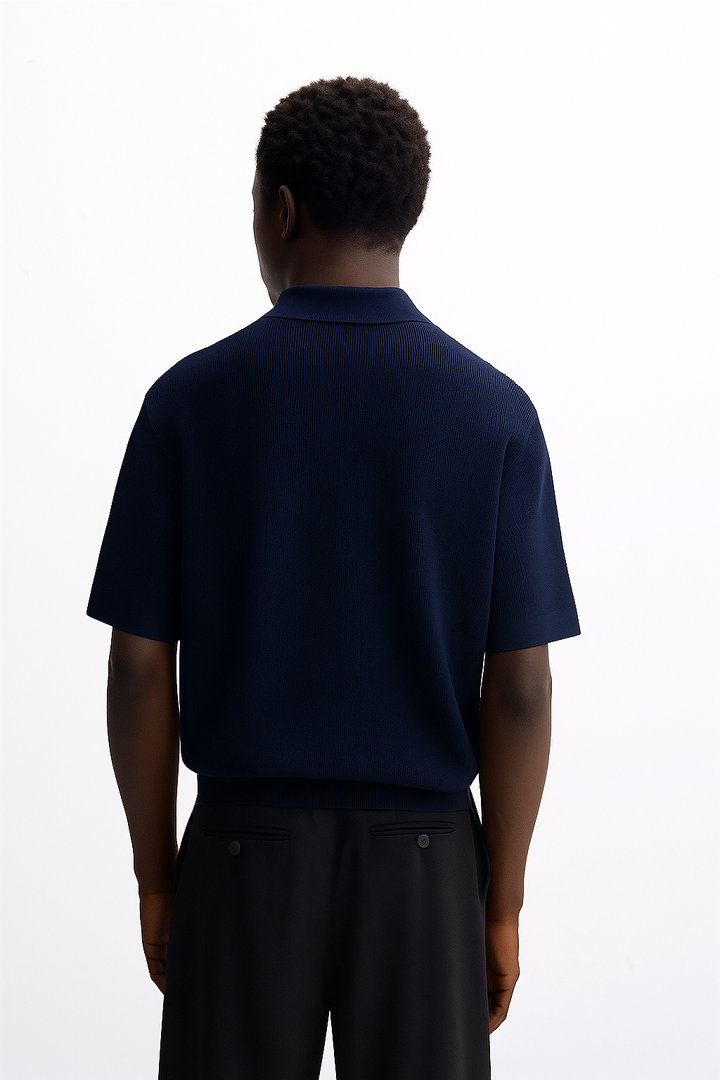 Garm Island Half Zip Textured Knit Polo in Navy Blue