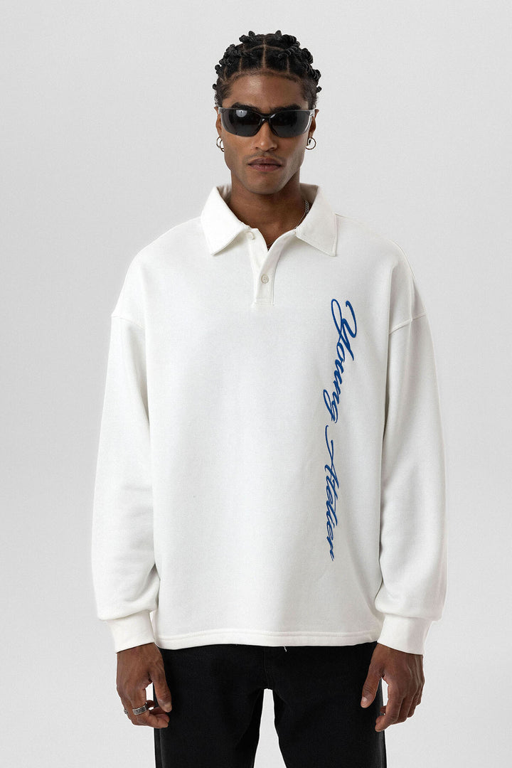 VAMOS POLO COLLAR LETTER DETAILED OVERSIZE SWEATSHIRT ECRU