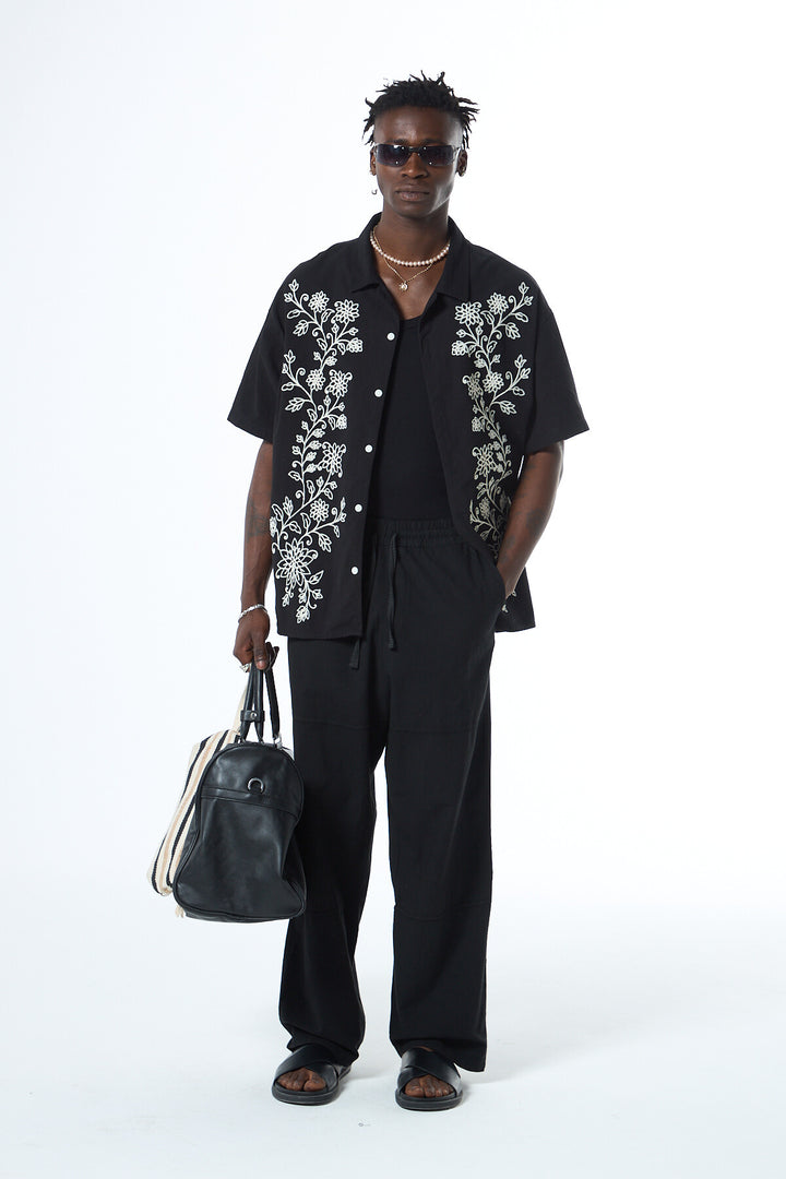 VAMOS FLORAL EMBROIDERED OVERSIZE SHORT SLEEVE LINEN SHIRT BLACK