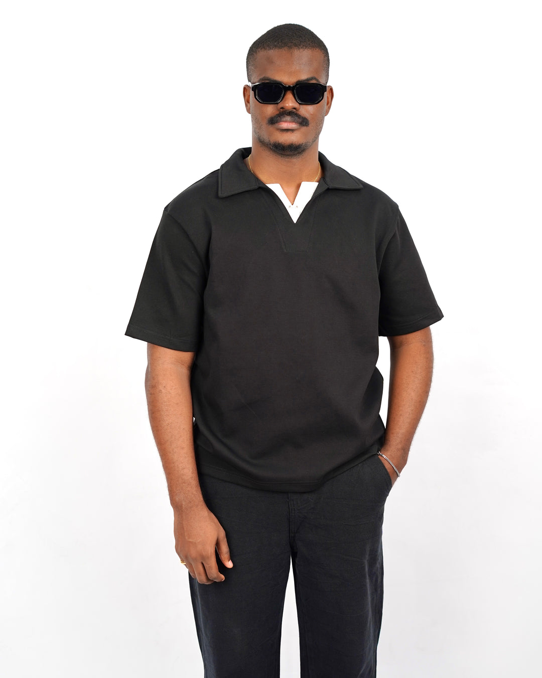 M Studios V neck Polo Shirt in Black
