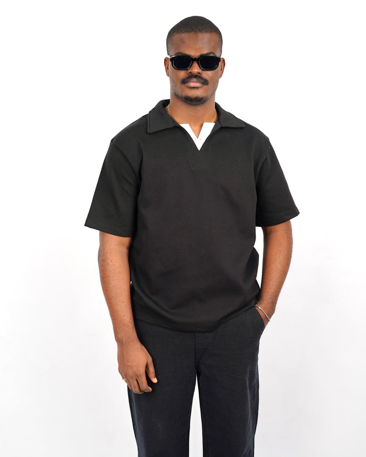 M Studios V neck Polo Shirt in Black