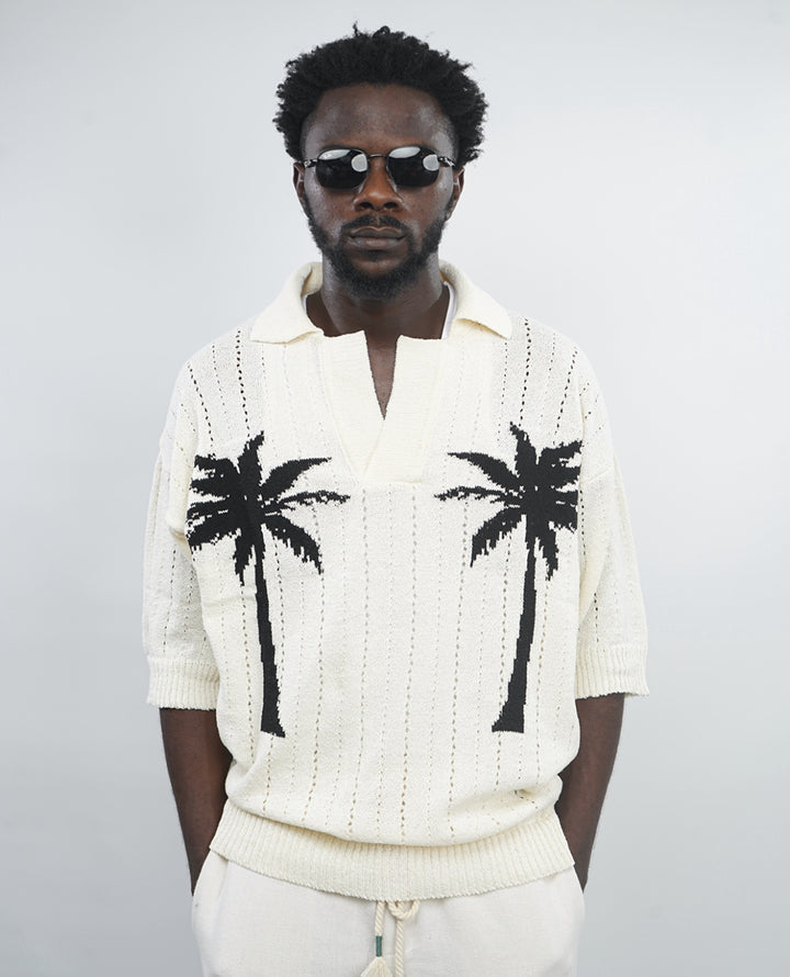 GIESTO oversized crochet knit polo with palm print in ecru