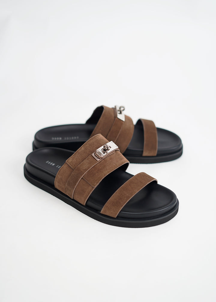 Garm Island Suede Strap Slide Sandals in Brown