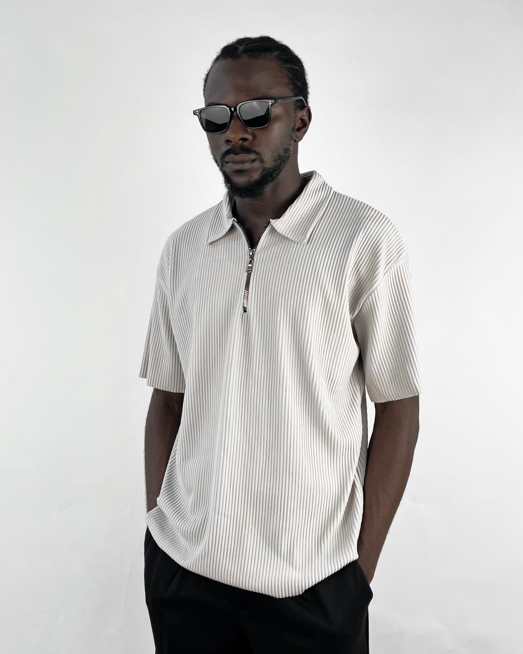 Oversized ribbed polo shirt in light grey