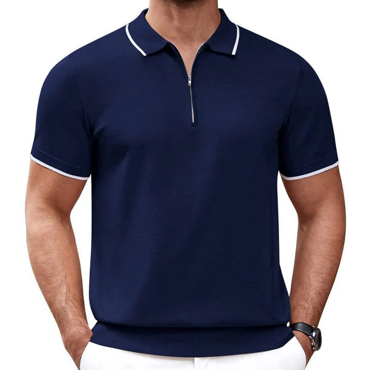 Knitted zip blue polo shirt with white tipping