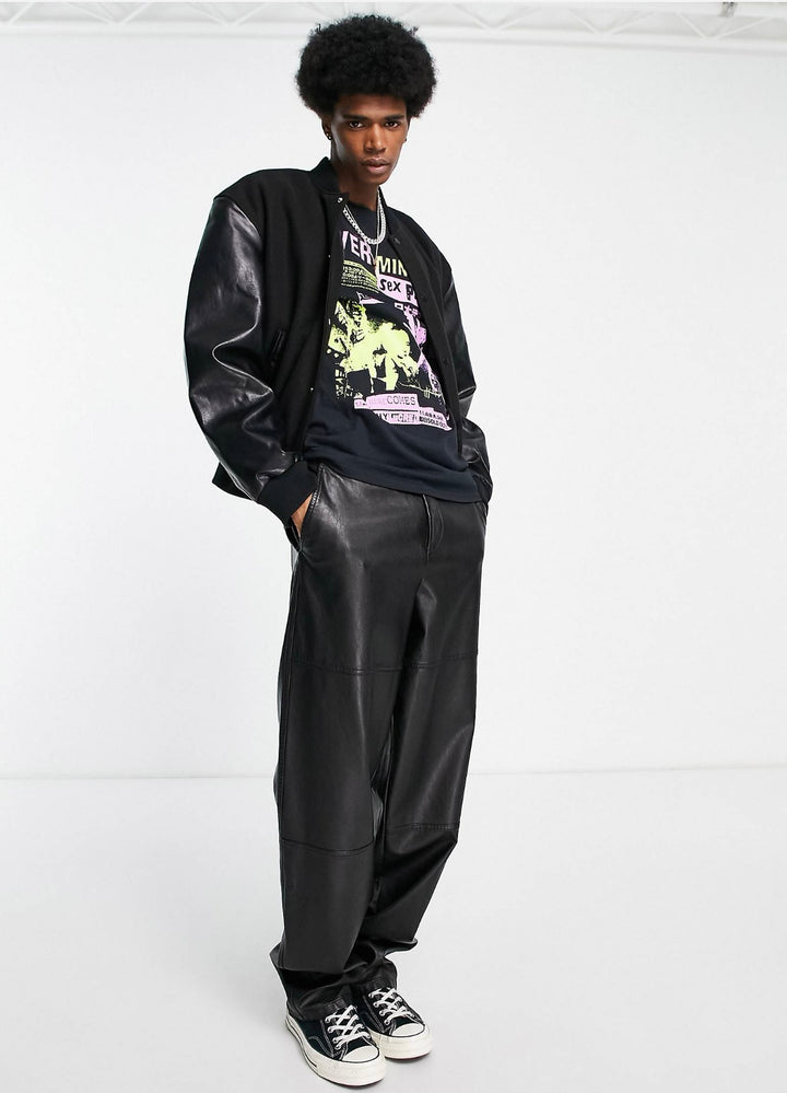 Oversized Montana varsity bomber with faux leather sleeves with back print in black