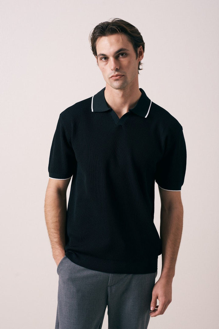 Massimo Collar detail polo shirt in black