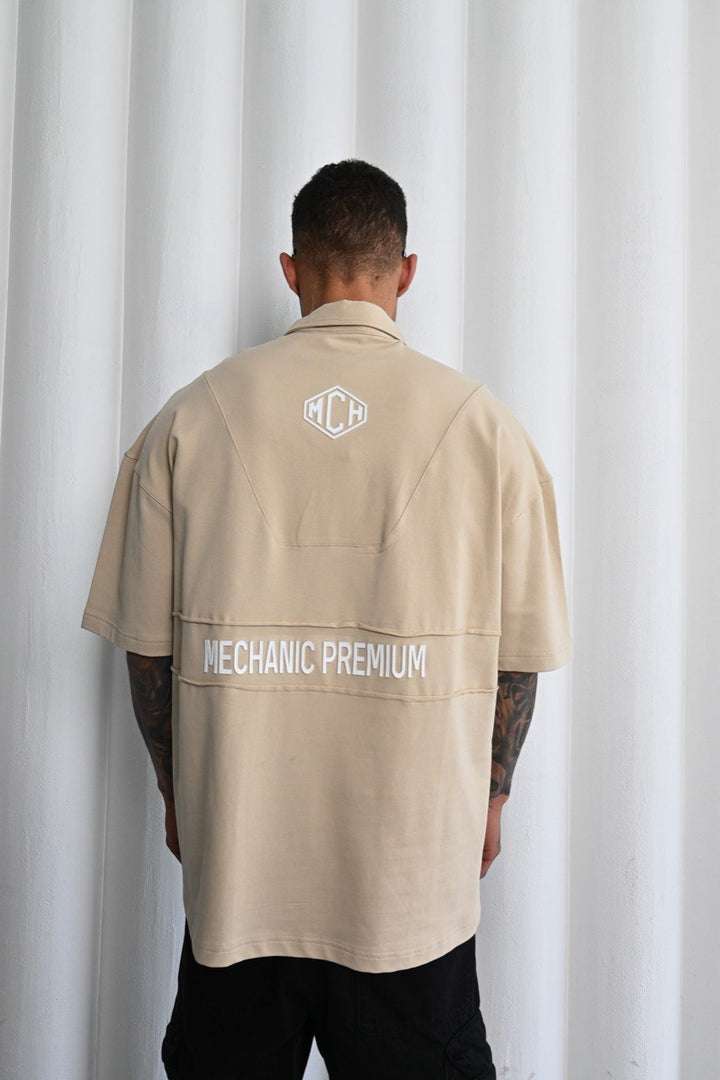 Mechanic Oversized Boxy Zip Short Sleeve Shirt in Beige