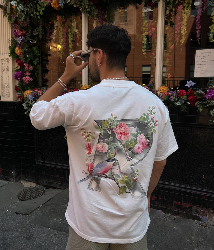 REPRESENT FLORAL INITIAL T-SHIRT IN CREAM