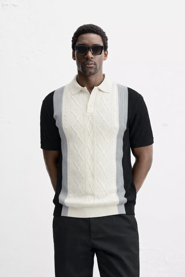 Garm Island Crotchet Knit Bar Striped Polo Shirt in grey/black