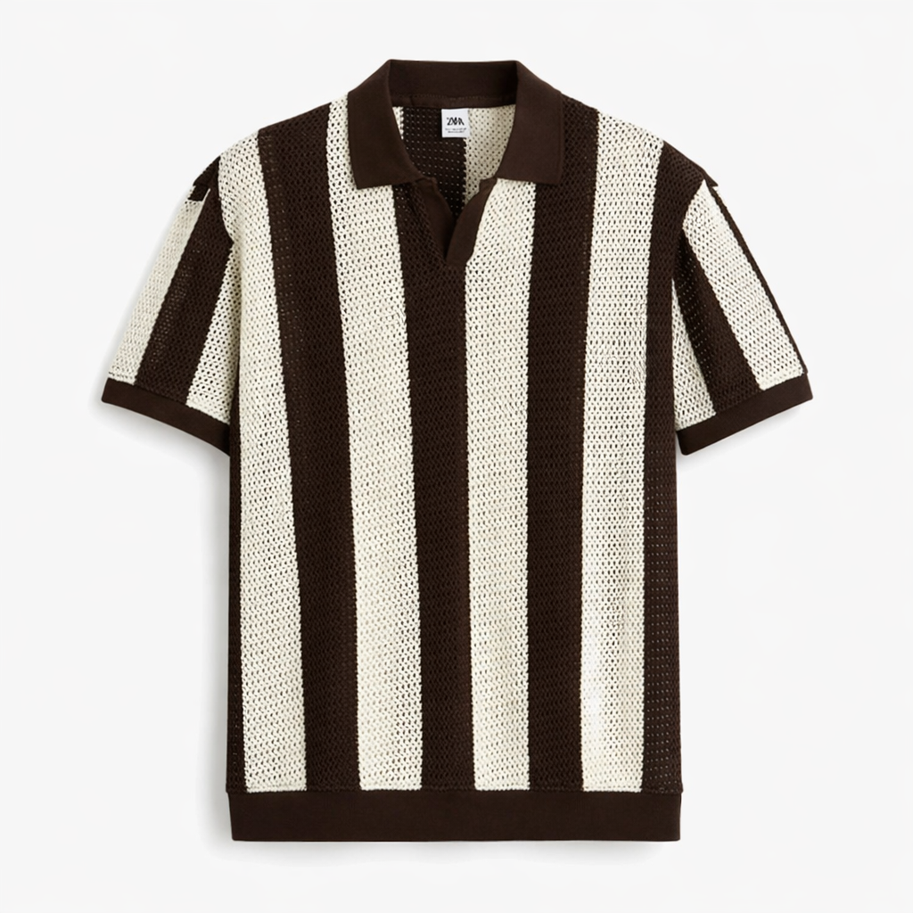Garm Island Bar Striped Crotchet Polo Shirt in Brown
