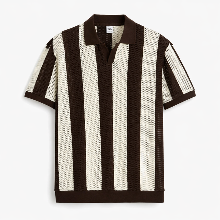 Garm Island Bar Striped Crotchet Polo Shirt in Brown