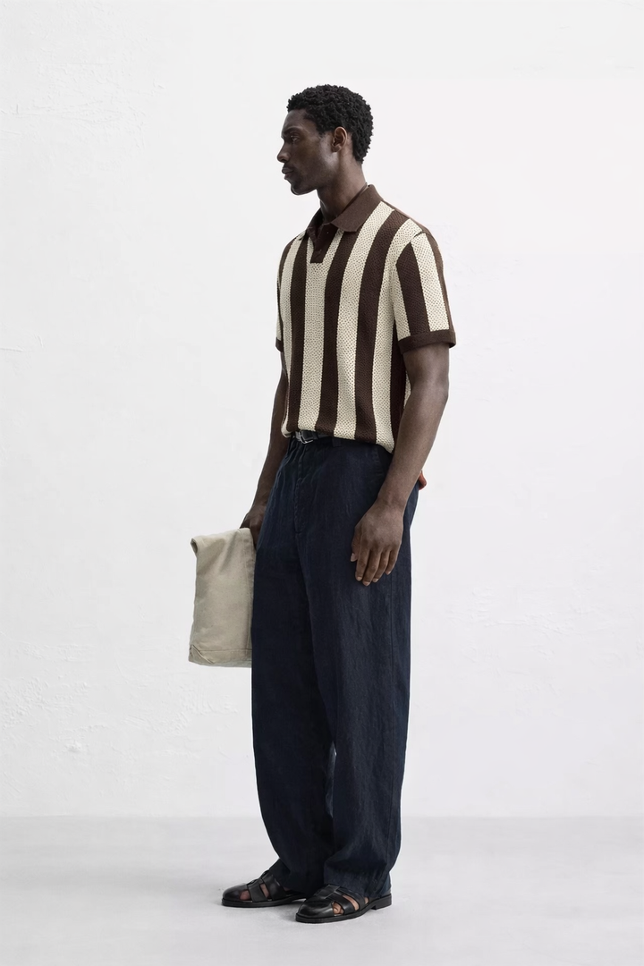 Garm Island Bar Striped Crotchet Polo Shirt in Brown