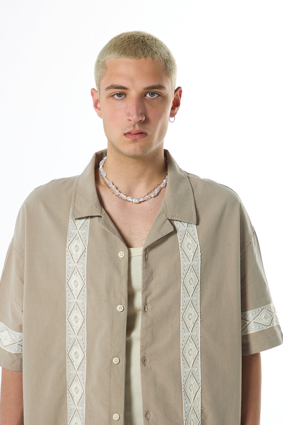 Vamos Embroidered Detailed Oversized Linen Shirt in Mink