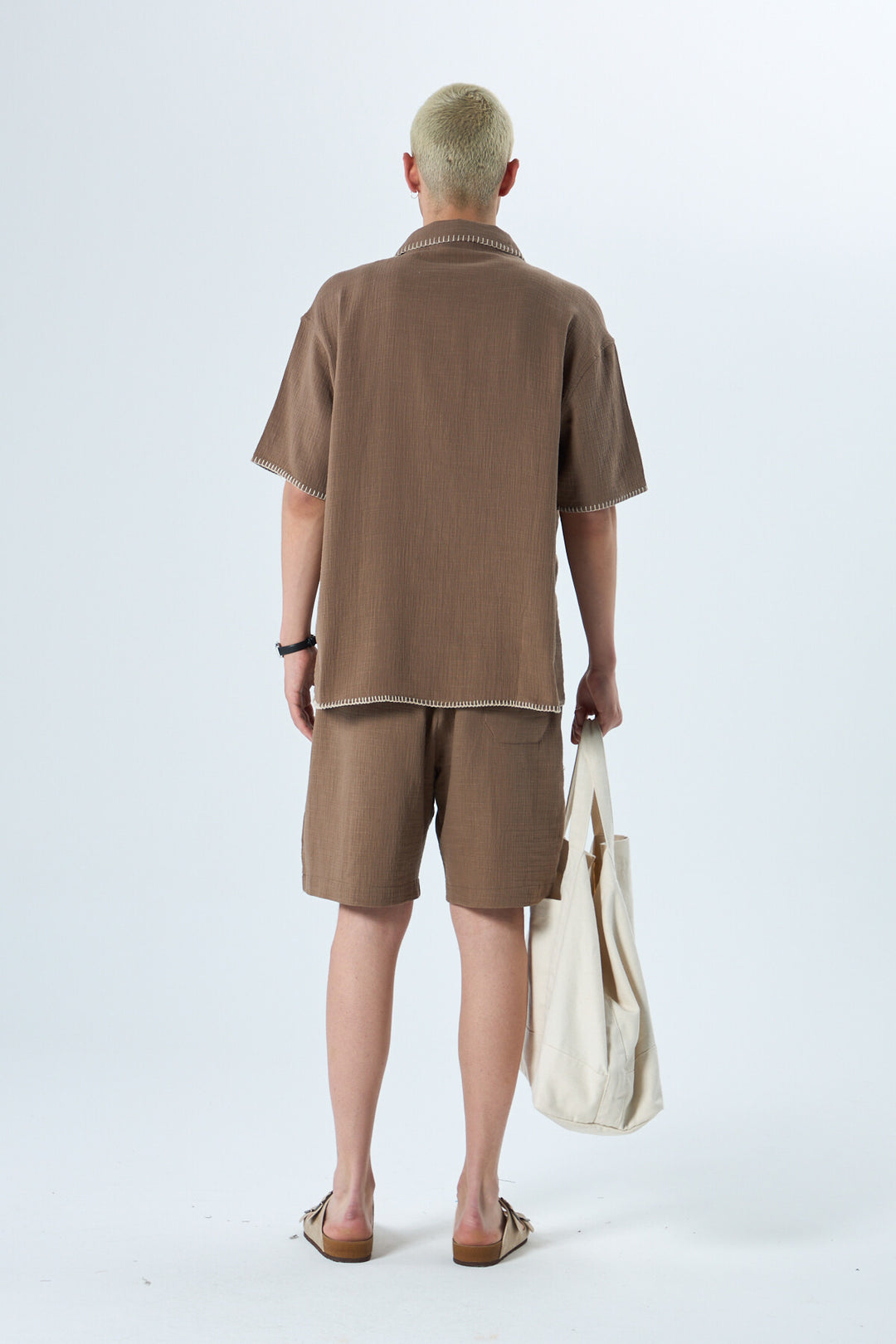 VAMOS SEWING DETAILED OVERSIZE MUSLIN LINEN SHORTS SET BROWN