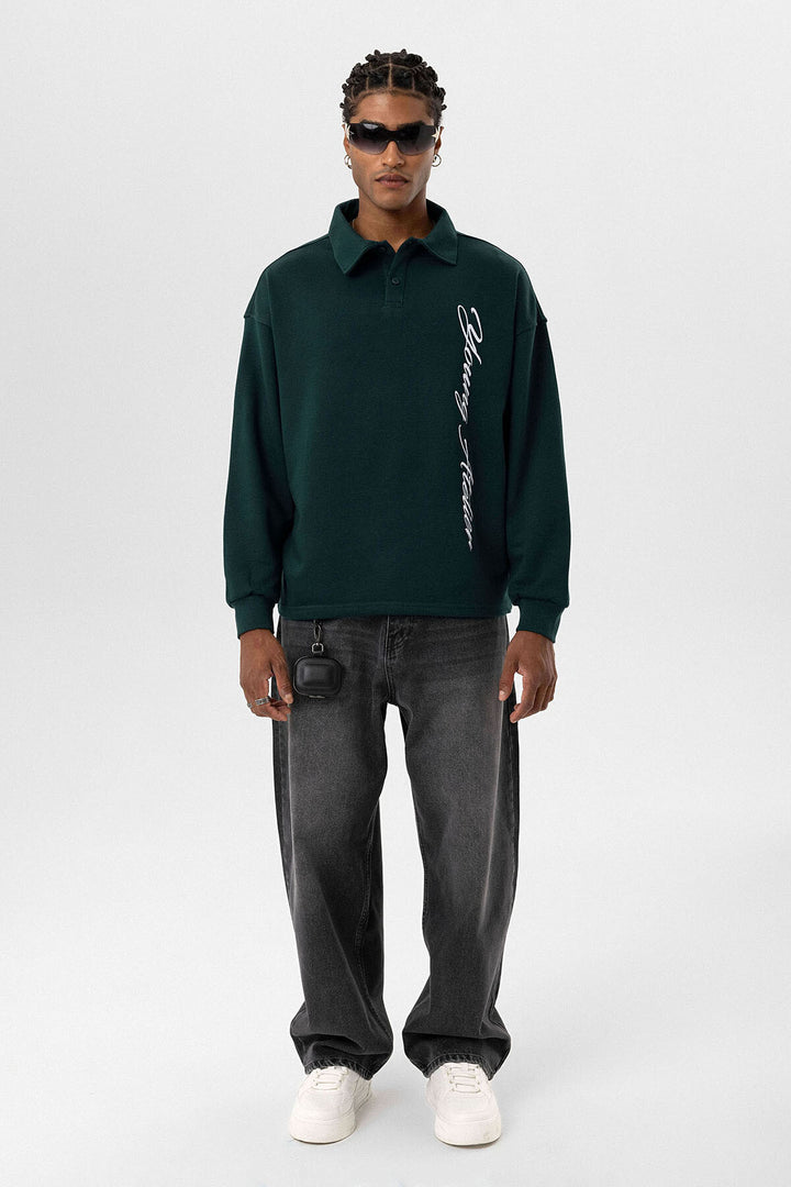 VAMOS POLO COLLAR LETTER DETAILED OVERSIZE SWEATSHIRT GREEN