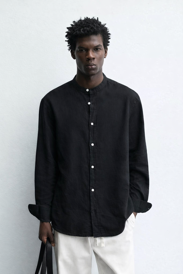 Garm Island Linen Tab Collar Button Down Shirt in Black