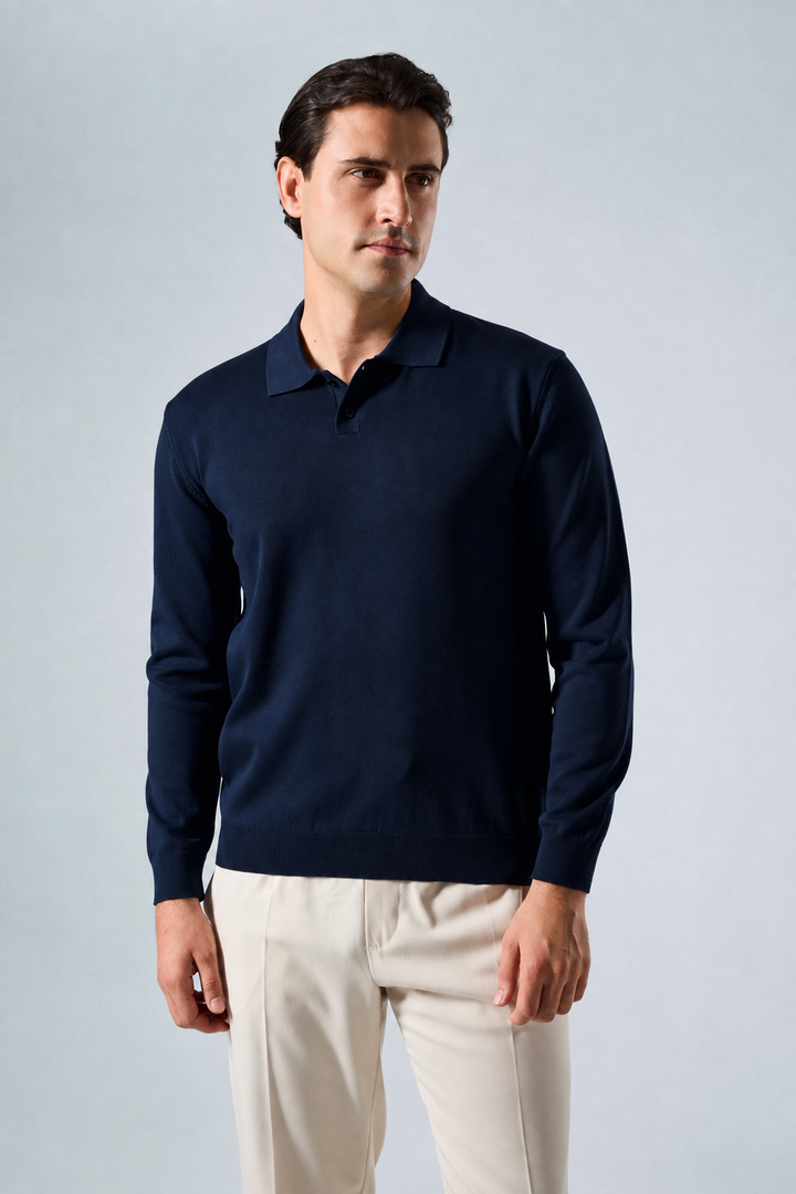 Massimo long sleeve knit polo shirt in navy blue