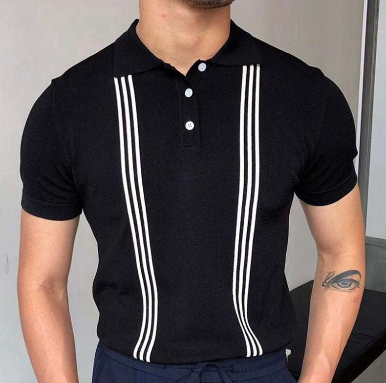 Knitted vintage pin striped polo shirt in black