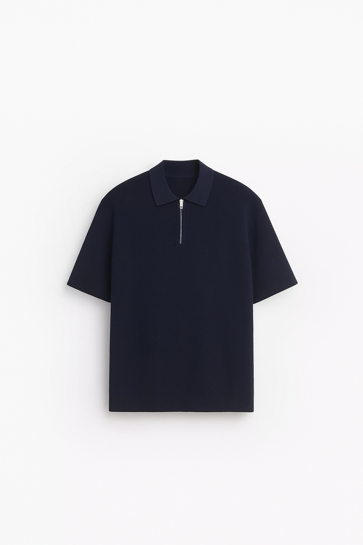 Garm Island Half Zip Textured Knit Polo in Navy Blue