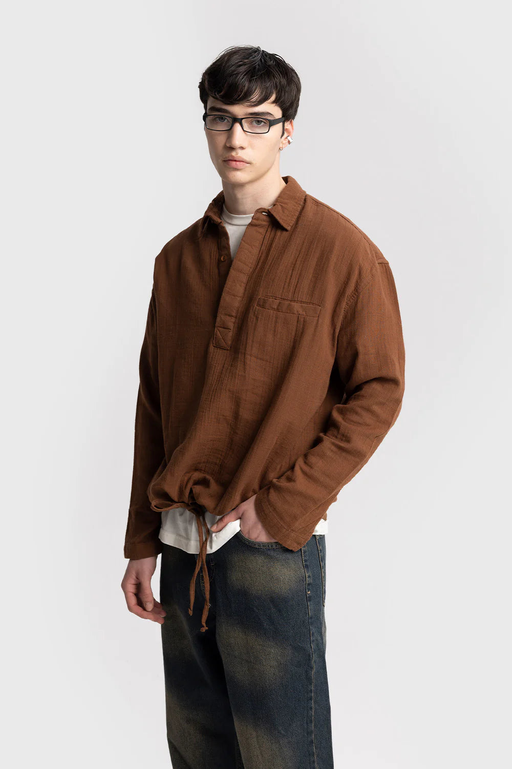 GIESTO linen long sleeve spring polo shirt in brown