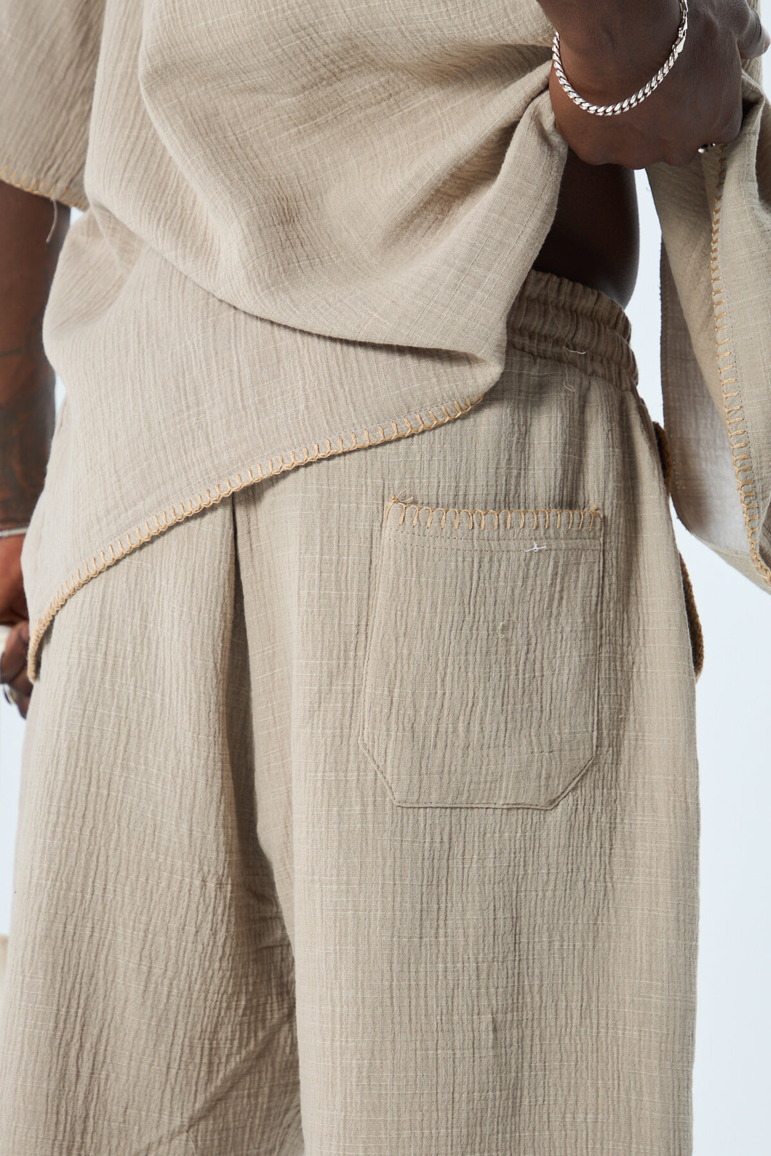 VAMOS SEWING DETAILED OVERSIZE MUSLIN LINEN SHORTS SET KHAKI