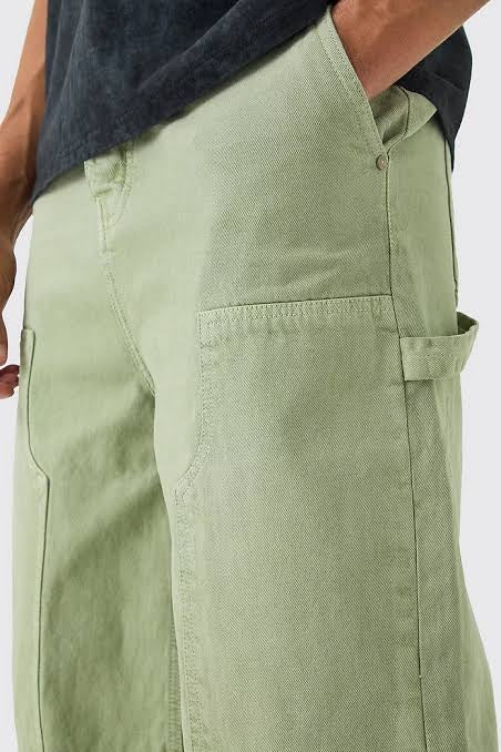 BOOHOOMAN OVERDYED CARPENTER JORTS IN SAGE GREEN