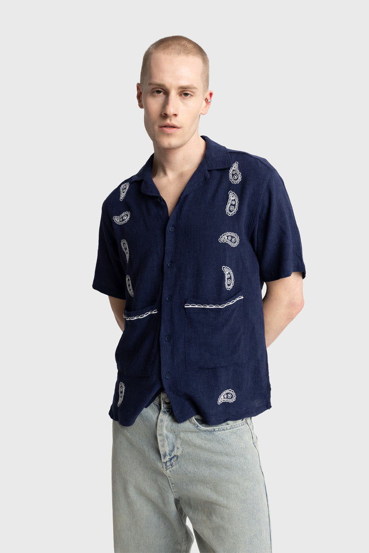 GIESTO paisley embroidered shirt in blue and white