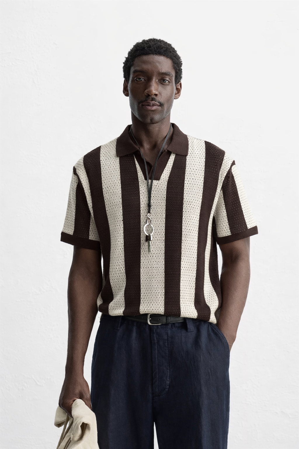 Garm Island Bar Striped Crotchet Polo Shirt in Brown