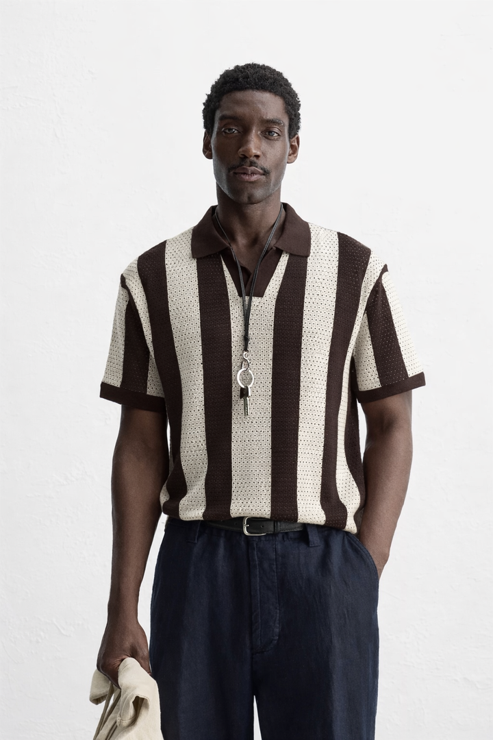 Garm Island Bar Striped Crotchet Polo Shirt in Brown