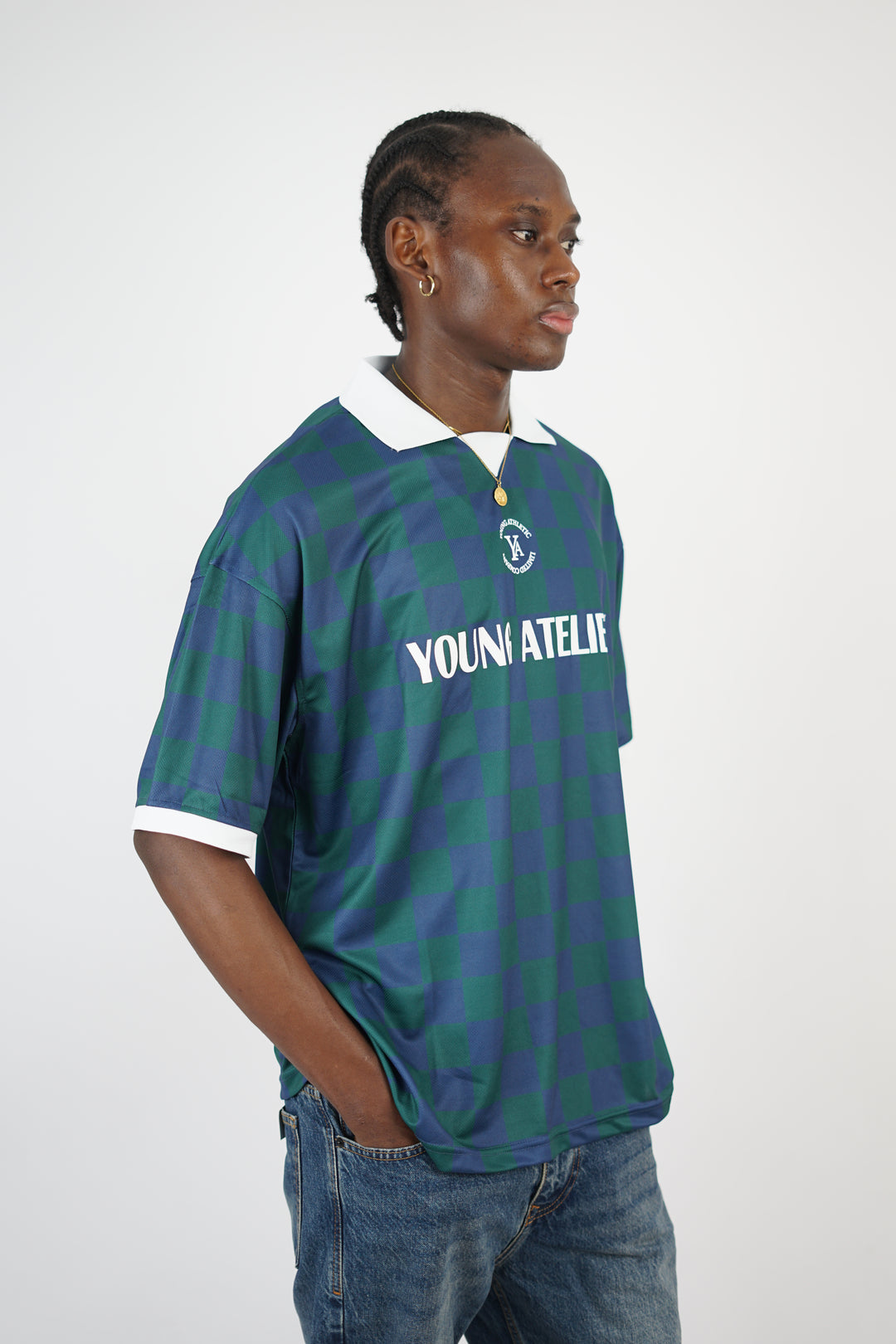 Vamos Atelier Oversize Checkered Jersey T-shirt in Green/Indigo