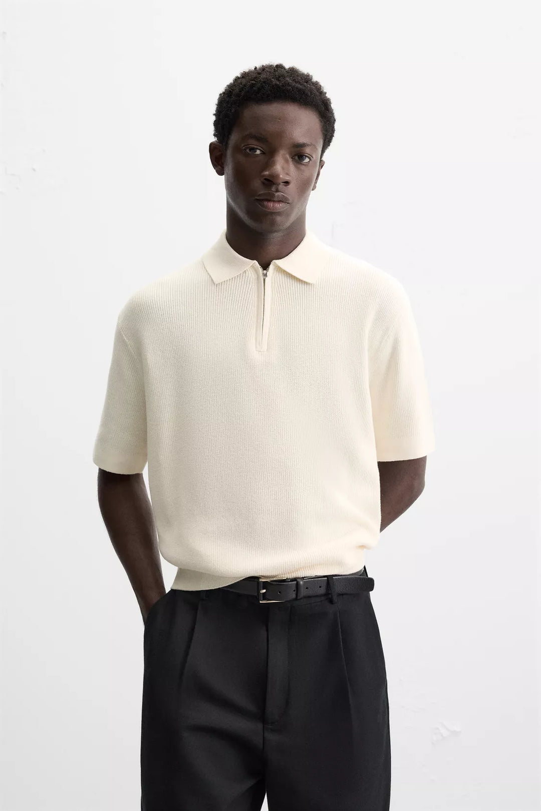 Garm Island Half Zip Textured Knit Polo in White