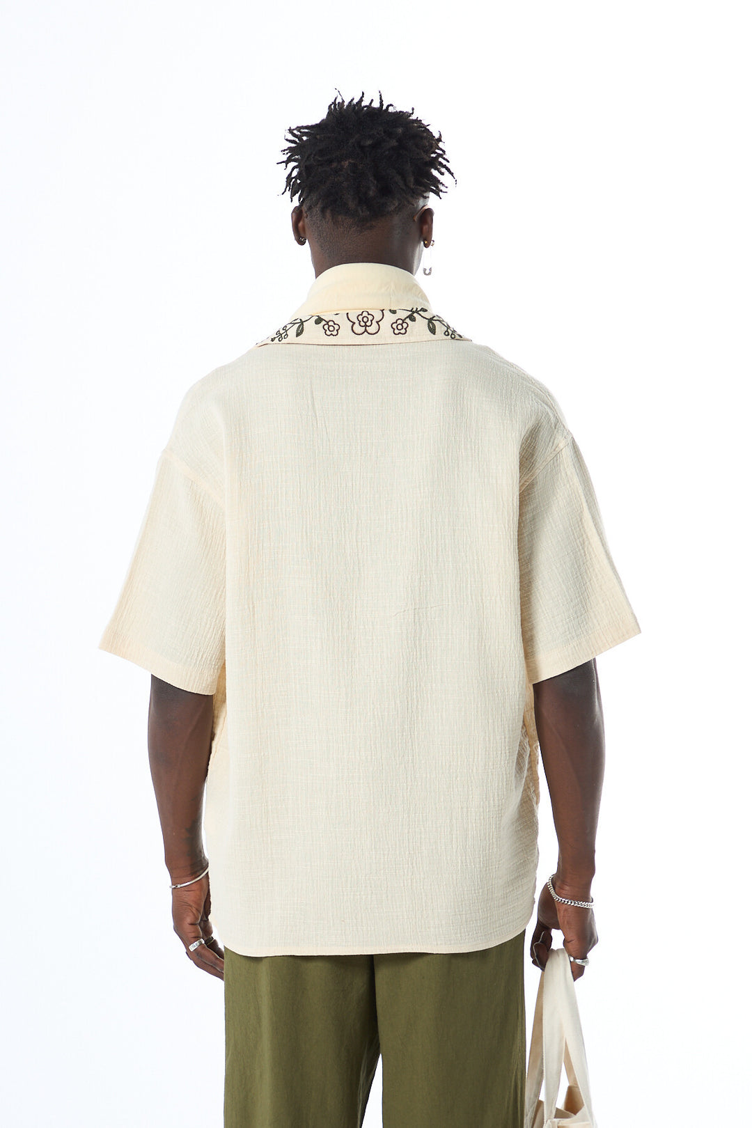 VAMOS EMBROIDERY DETAILED OVERSIZE MUSLIN LINEN SHIRT BEIGE