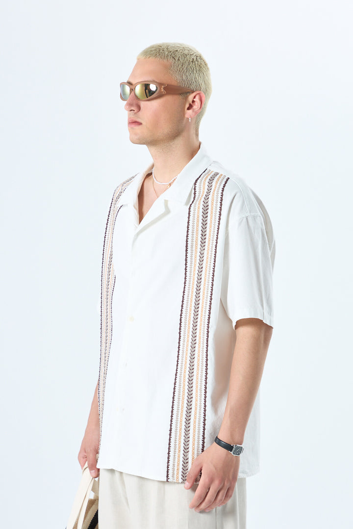 VAMOS EMBROIDERY DETAILED POCKETLESS SHORT SLEEVE OVERSIZE LINEN SHIRT WHITE