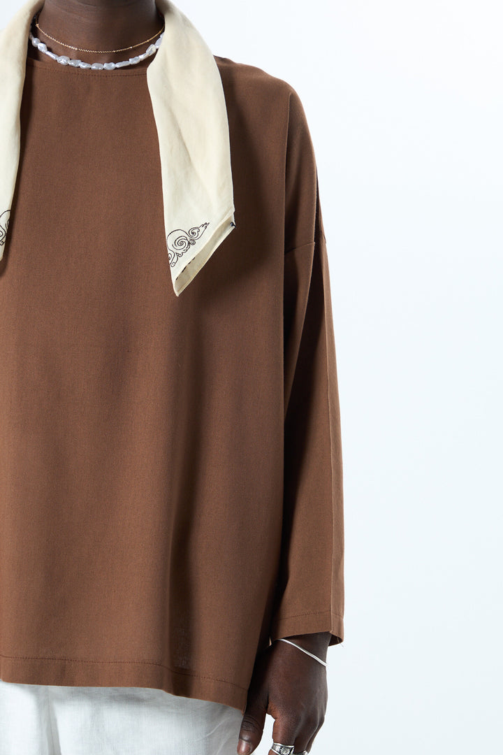 Vamos Oversized Linen Poor Arm T-shirt in Brown