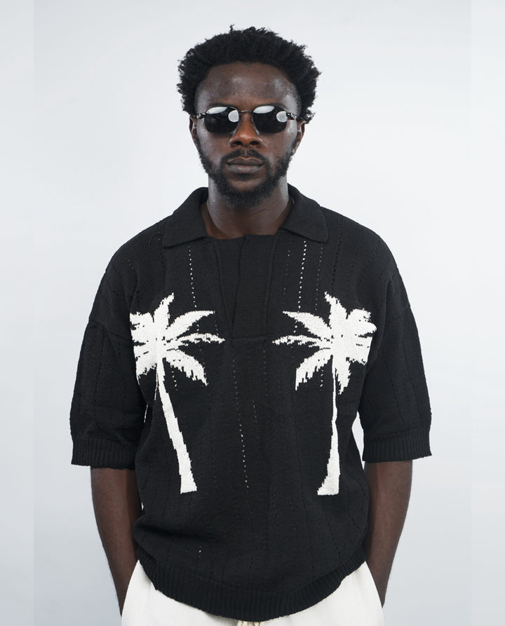 GIESTO oversized crochet knit polo with palm print in black