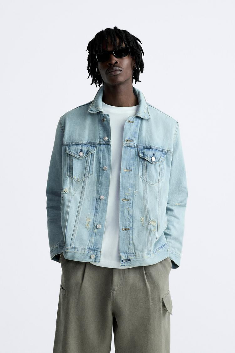 ZARA RIPPED DENIM JACKET IN LIGHT BLUE