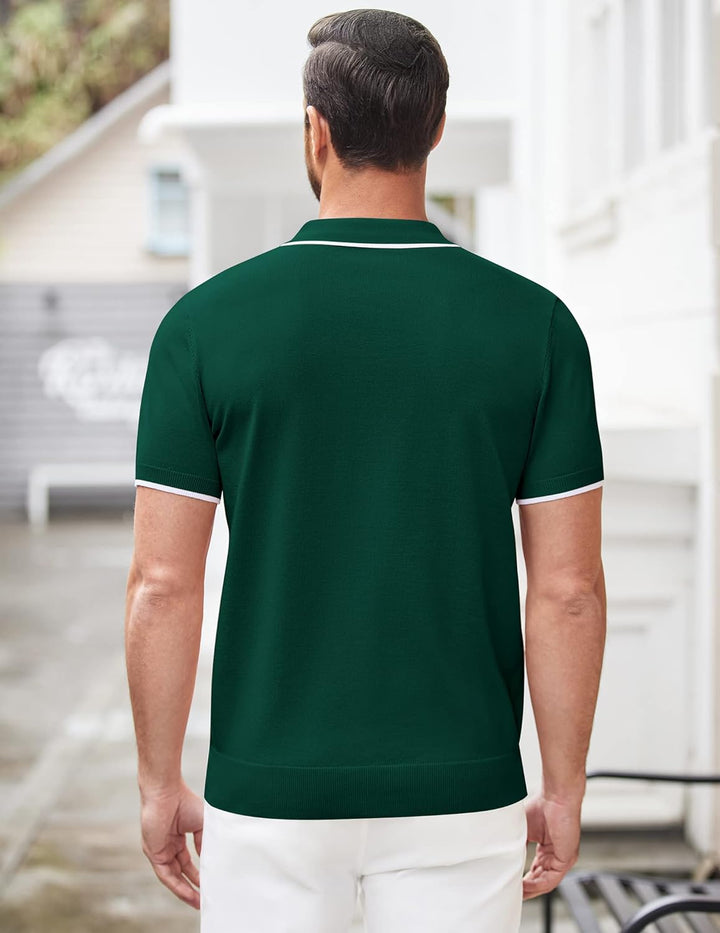 Knitted zip green polo shirt with white tipping