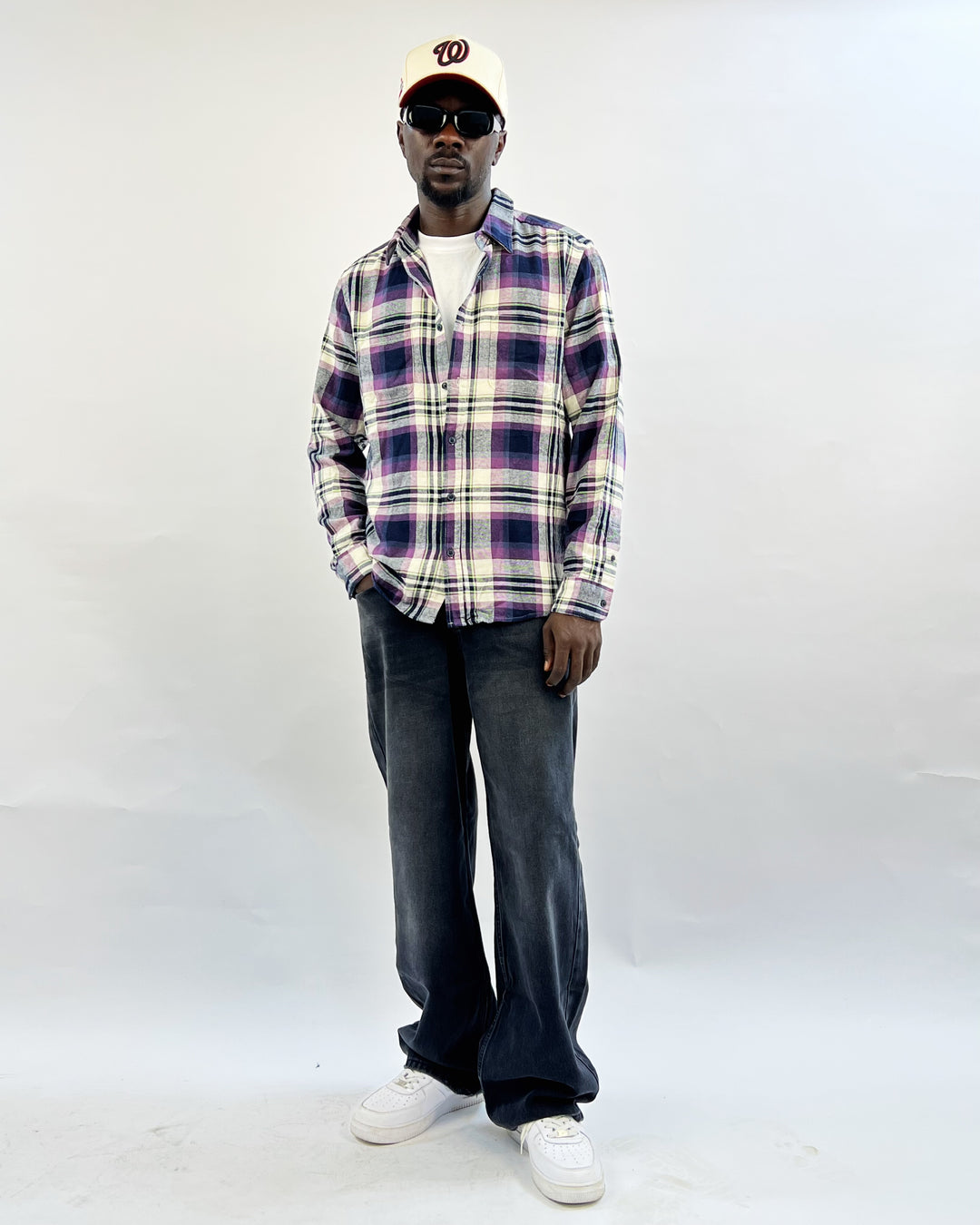 Colin’s plaid shirt in purple