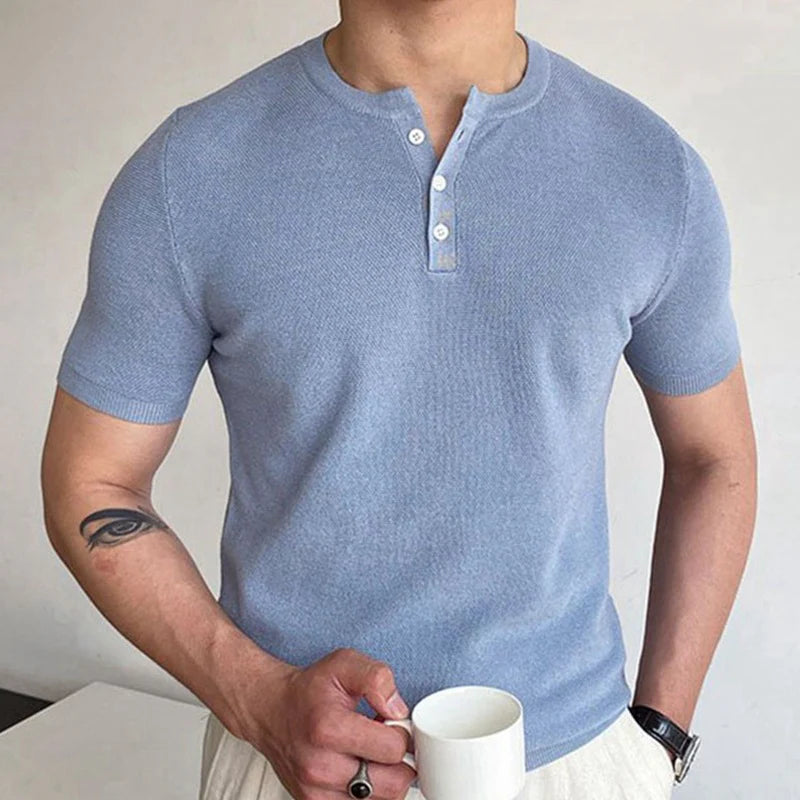 Knitted tab collar polo shirt in sky blue