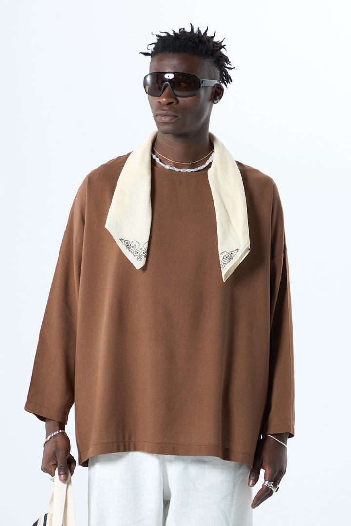 Vamos Oversized Linen Poor Arm T-shirt in Brown