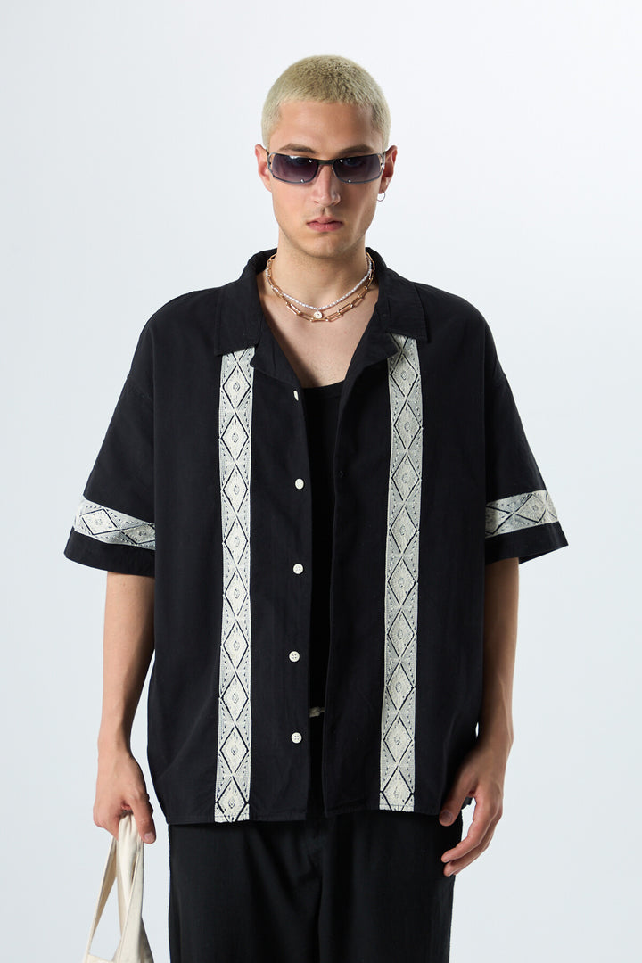 Vamos Embroidered Detailed Oversized Linen Shirt in Black